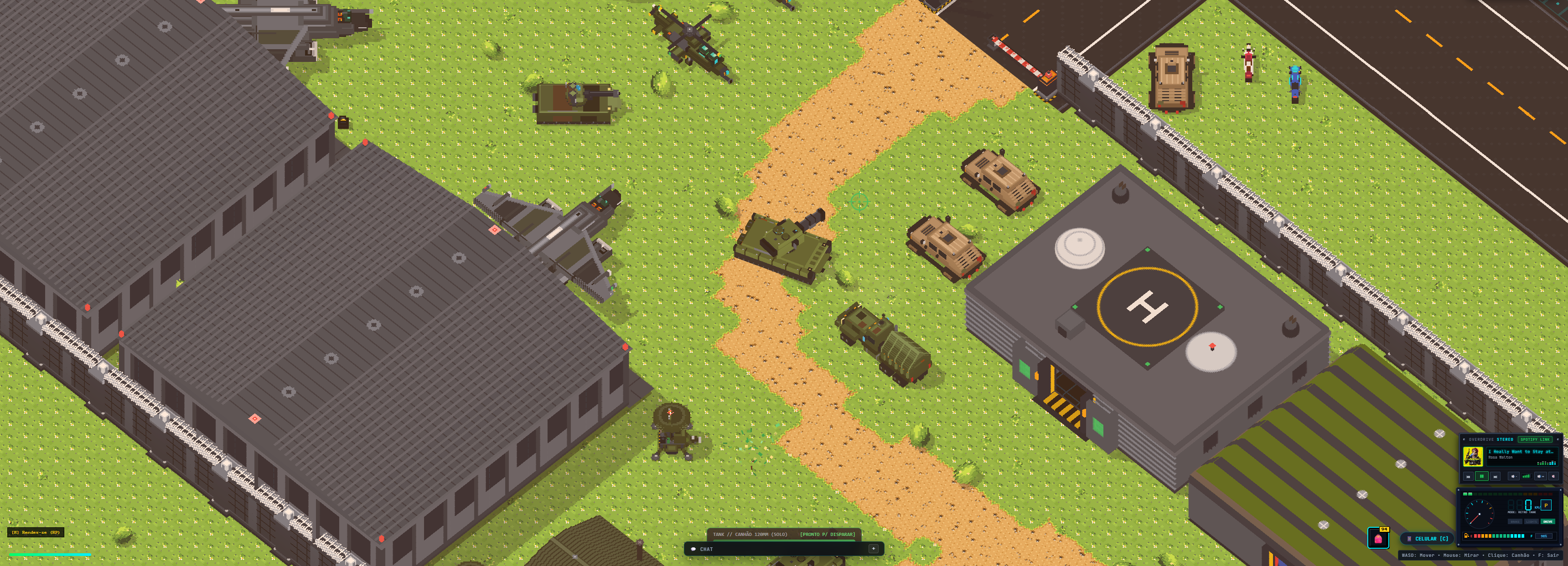 Base militar com hangares, veículos e helicóptero